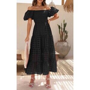 NWTPretty Garden Puff Sleeve Smocked Tiered Dress Sheer Midi Black Cottagecore-L